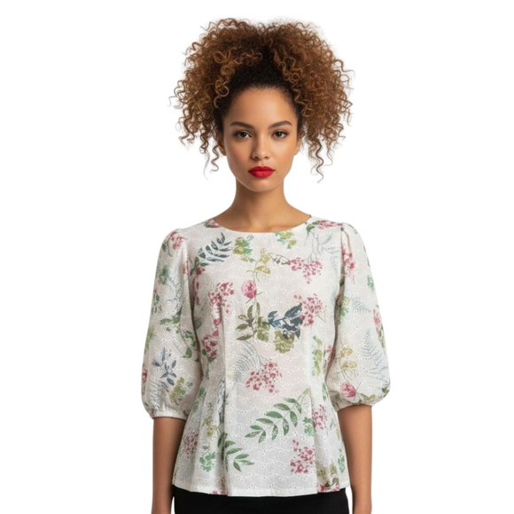 Gracia White Pink Floral Eyelet Blouse - Medium - Picture 1 of 7